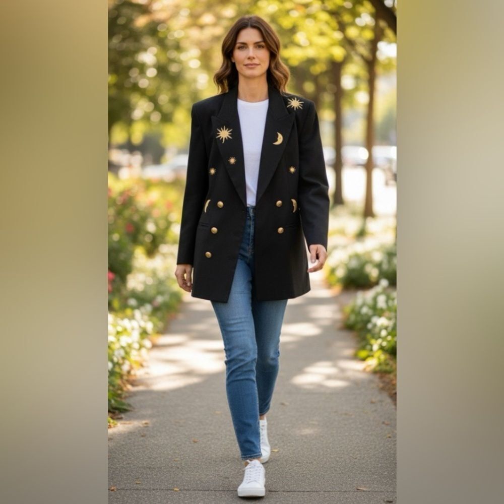 SOLINI NEW YORK VINTAGE SUN MOON STARS BLACK & GOLD BLAZER